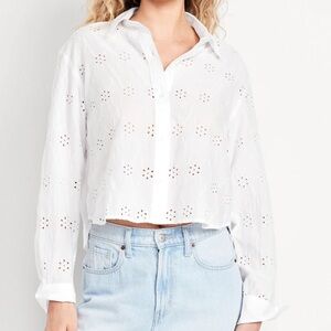 Cropped Button-Down Eyelet Shirt White XS